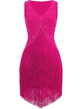 Hot Pink Rhinestone Fringe Tiered Latin Ballroom Dance Dress Flapper Sz M-L